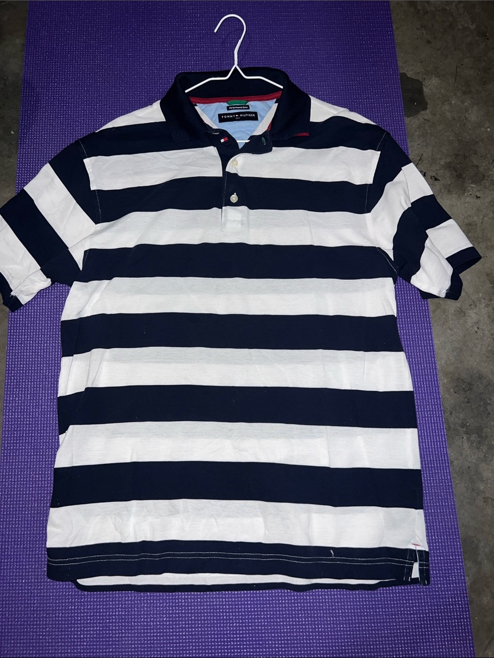 Tommy Hilfiger Men's Navy and White Horizontal Stripe Polo